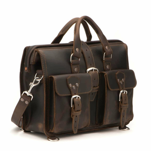 Dave's Deals Flight Bag Leather Briefcase - Second Version, Larger Frame with D-Rings - Dark Coffee Brown