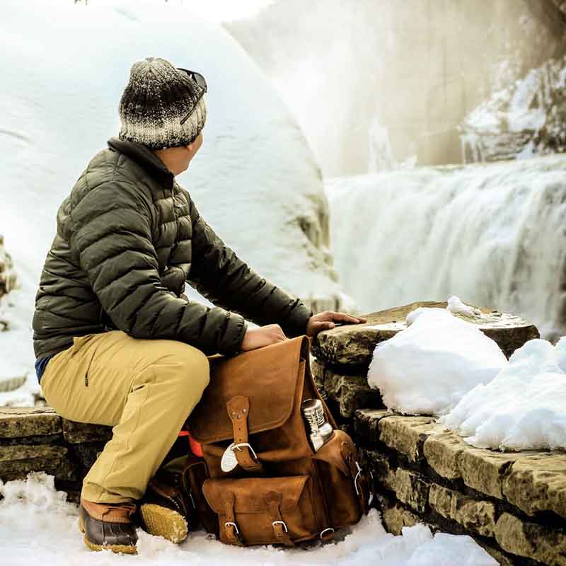 The full grain leather backpack was designed to be strong, with no breakable parts like zippers or snaps or velcro, and few seams for a durable finish.