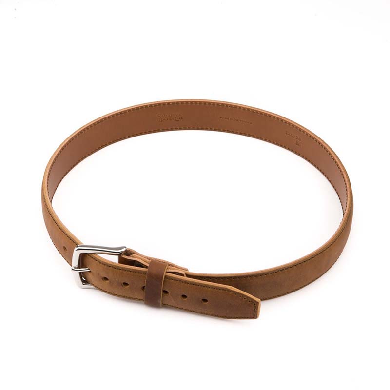 This full grain leather belt is designed with three layers and is not likely to stretch.