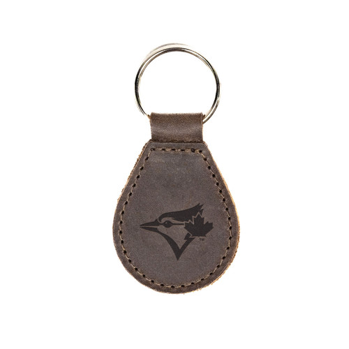 Dark coffee brown colored leather keychain with the Toronto Blue Jays logo on the front. Made by Saddleback