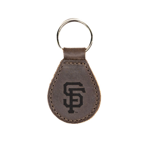 Dark coffee brown colored leather keychain with the San Francisco Giants logo on the front. Made by Saddleback