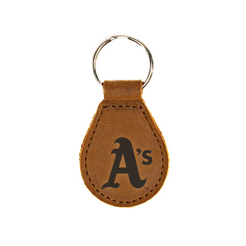 Tobacco colored leather keychain with the Oakland Athletics logo on the front. Made by Saddleback