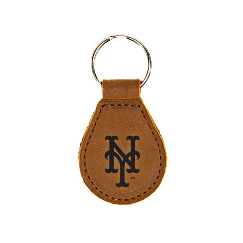 Tobacco colored leather keychain with the New York Mets logo on the front. Made by Saddleback