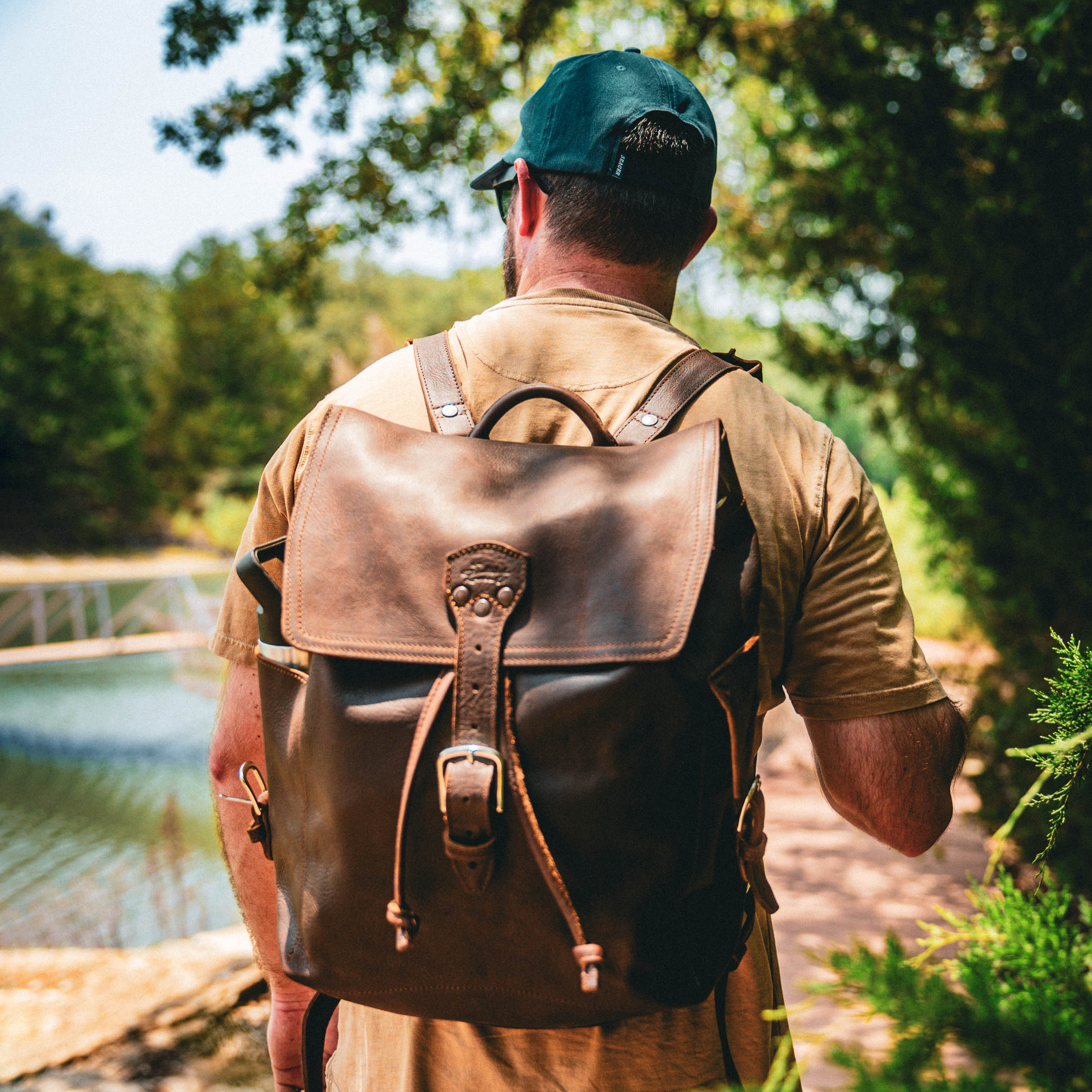 The 16" Drawstring Backpack on a 5'9" male.