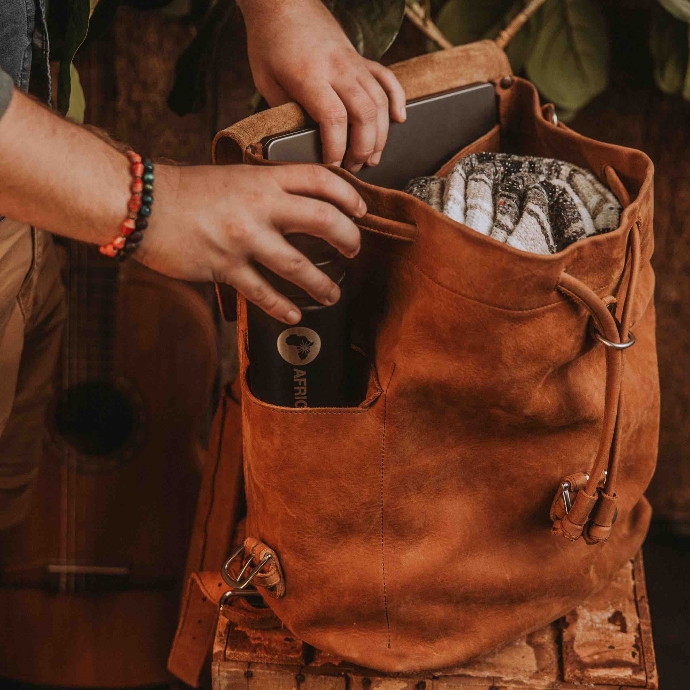 16" Leather Drawstring Backpack Tobacco
