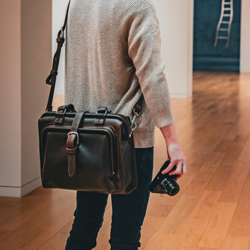 14" Front Door Briefcase in Dark Coffee Brown - Angled Carry View