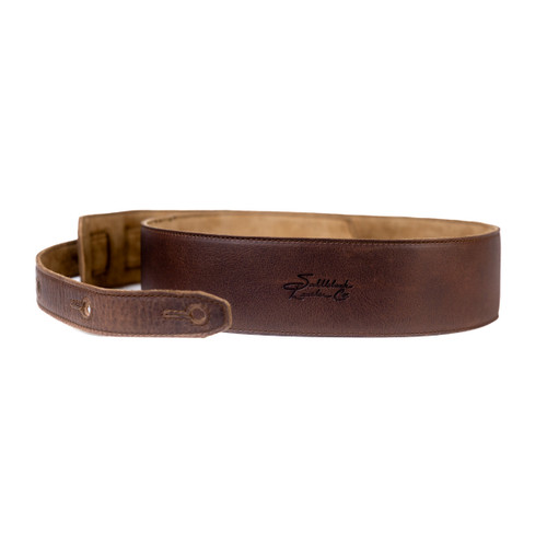 Leather Guitar Strap in Dark Coffee Brown - logo
