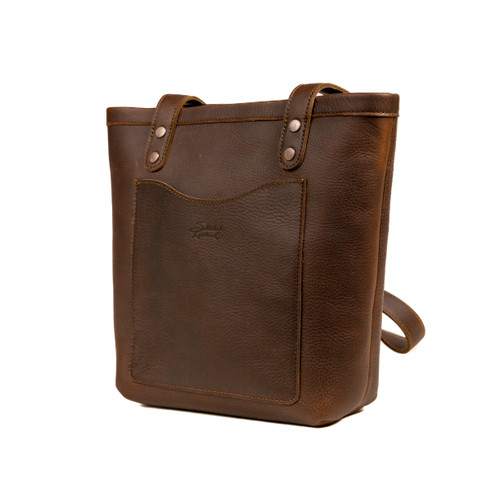 Dark brown leather tote with an outside pocket.