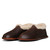 Dark coffee brown leather sheepskin mocassins at a side angle and crease down the center. Made by Saddleback