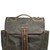 Front of the canvas backpack with two side pockets, a handle for easy carry, and a buckle to keep the bag shut when not in use. Made by Saddleback