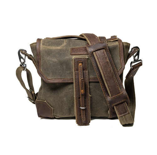 Front of the Indiana Satchel with a shoulder strap and a buckle to keep the bag shut. Made by Saddleback