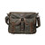 Front of the canvas messenger bag with the lid opened to show two more pockets for storage. Made by Saddleback
