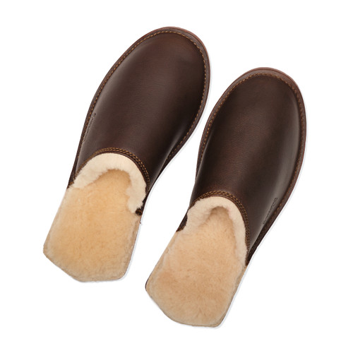 Dark coffee brown sheepskin slippers side by side. Made by Saddleback