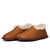 These are the tobacco colored leather sheepskin mocassins from an angled view showing the crease along the top. Made by Saddleback